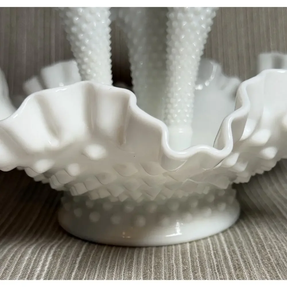 Vtg Fenton Milk Glass Hobnail 3 Horn Epergne Centerpiece Ruffled Trumpet Vase